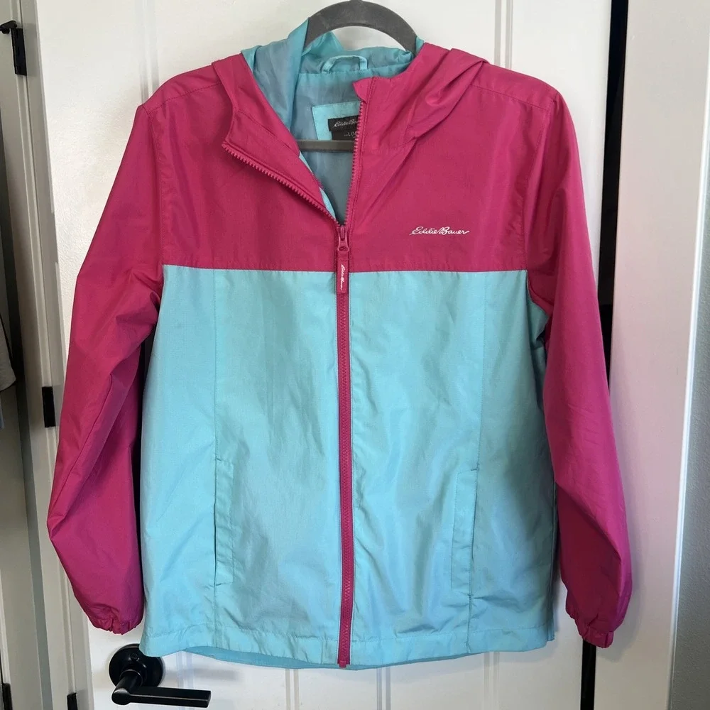 Eddie Bauer Kids Girls Windbreaker Jacket‎ Pink Teal Hooded Large L 14/16